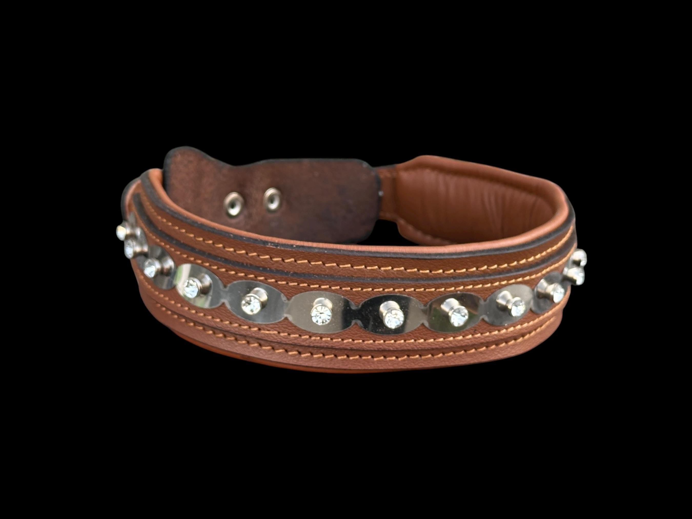 Buffalo Leather Crystal Dog Collar – Handmade Brown Silver Edition