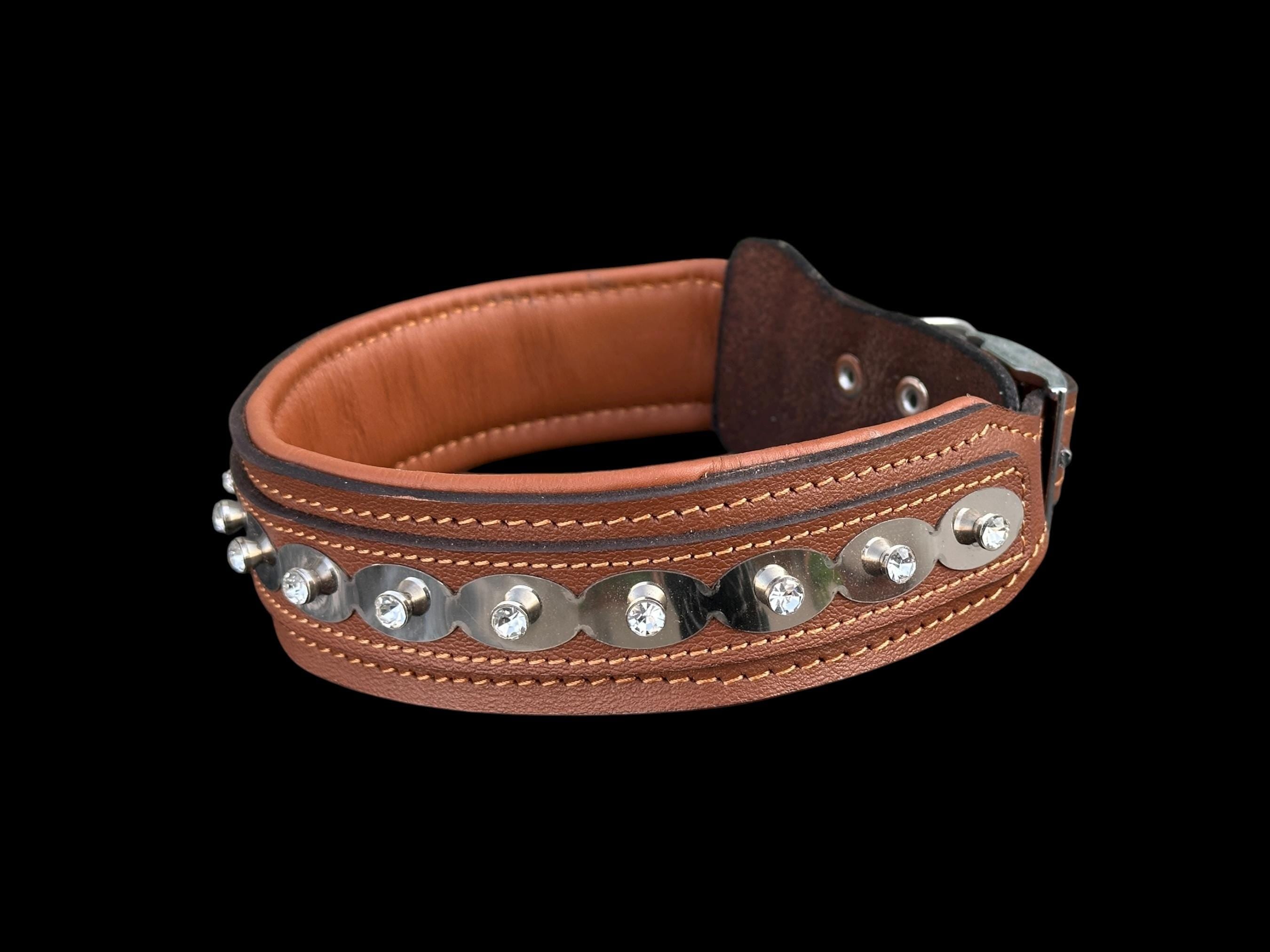 Buffalo Leather Crystal Dog Collar – Handmade Brown Silver Edition