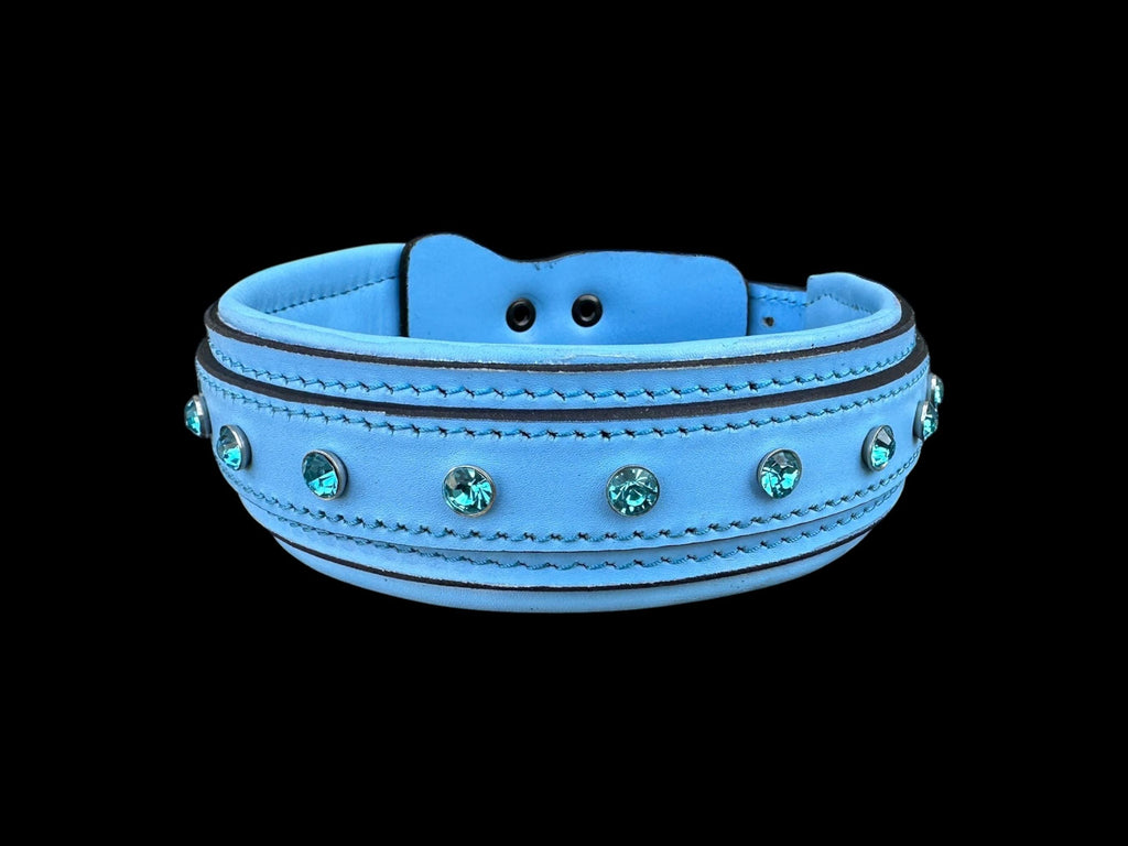 Blue Crystal Leather Dog Collar – Handmade Buffalo Leather