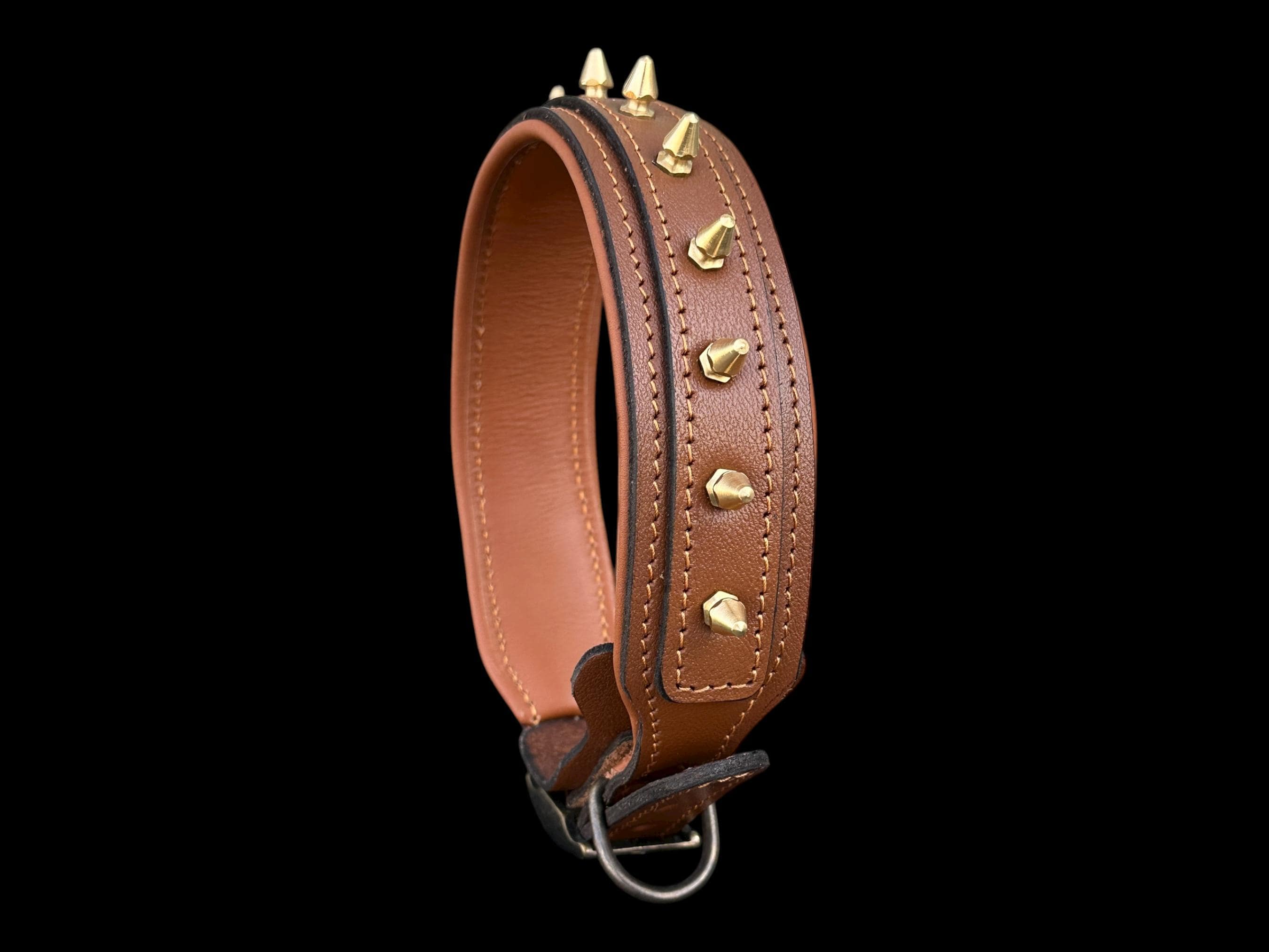 Brown Leather Dog Collar with Gold Spikes – 4cm Handmade Strong Breed Design