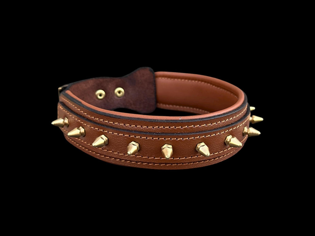 Brown Leather Dog Collar with Gold Spikes – 4cm Handmade Strong Breed Design