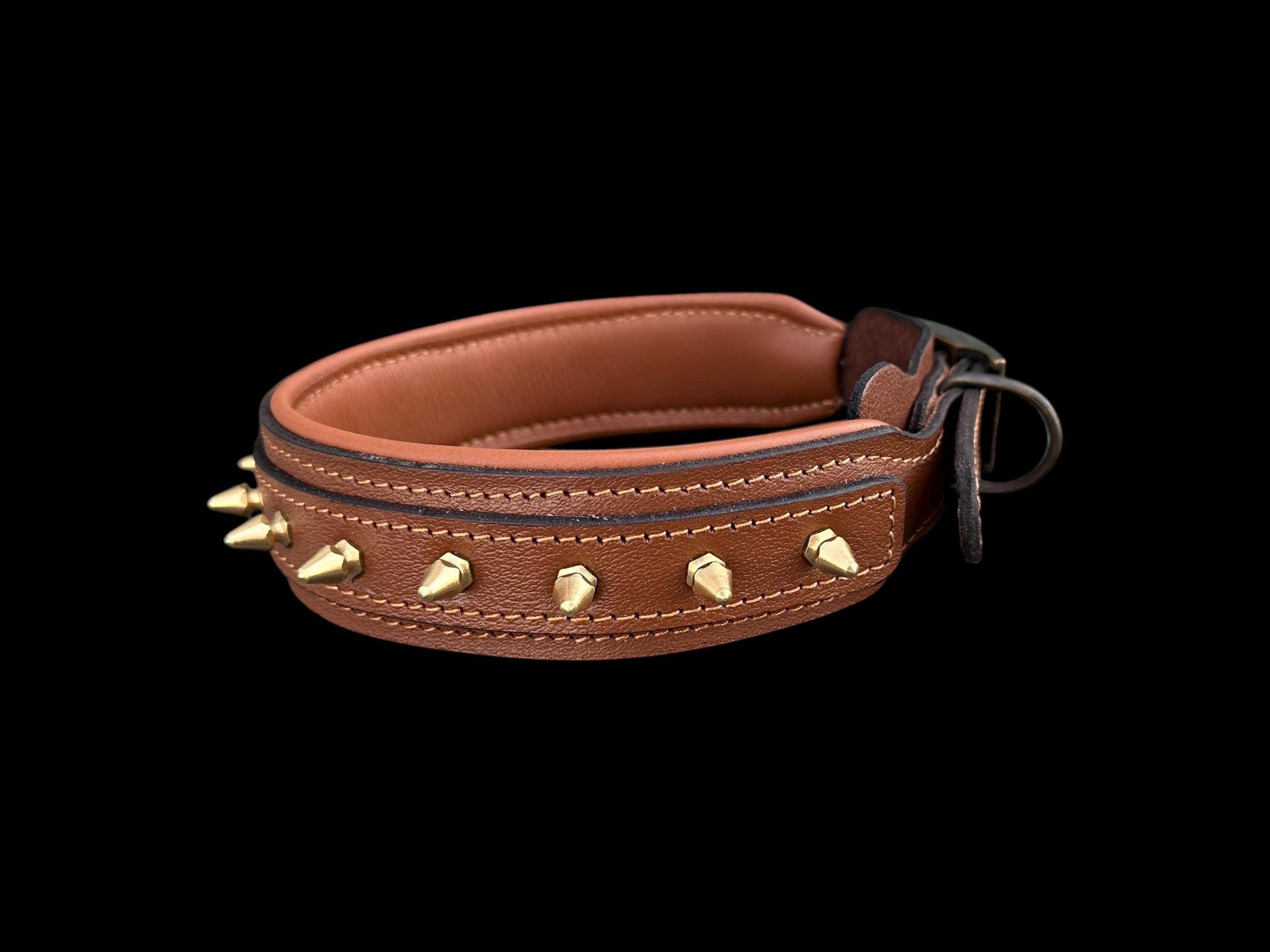 Brown Leather Dog Collar with Gold Spikes – 4cm Handmade Strong Breed Design
