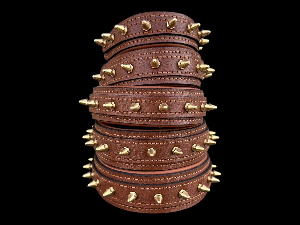 Brown Leather Dog Collar with Gold Spikes – 4cm Handmade Strong Breed Design