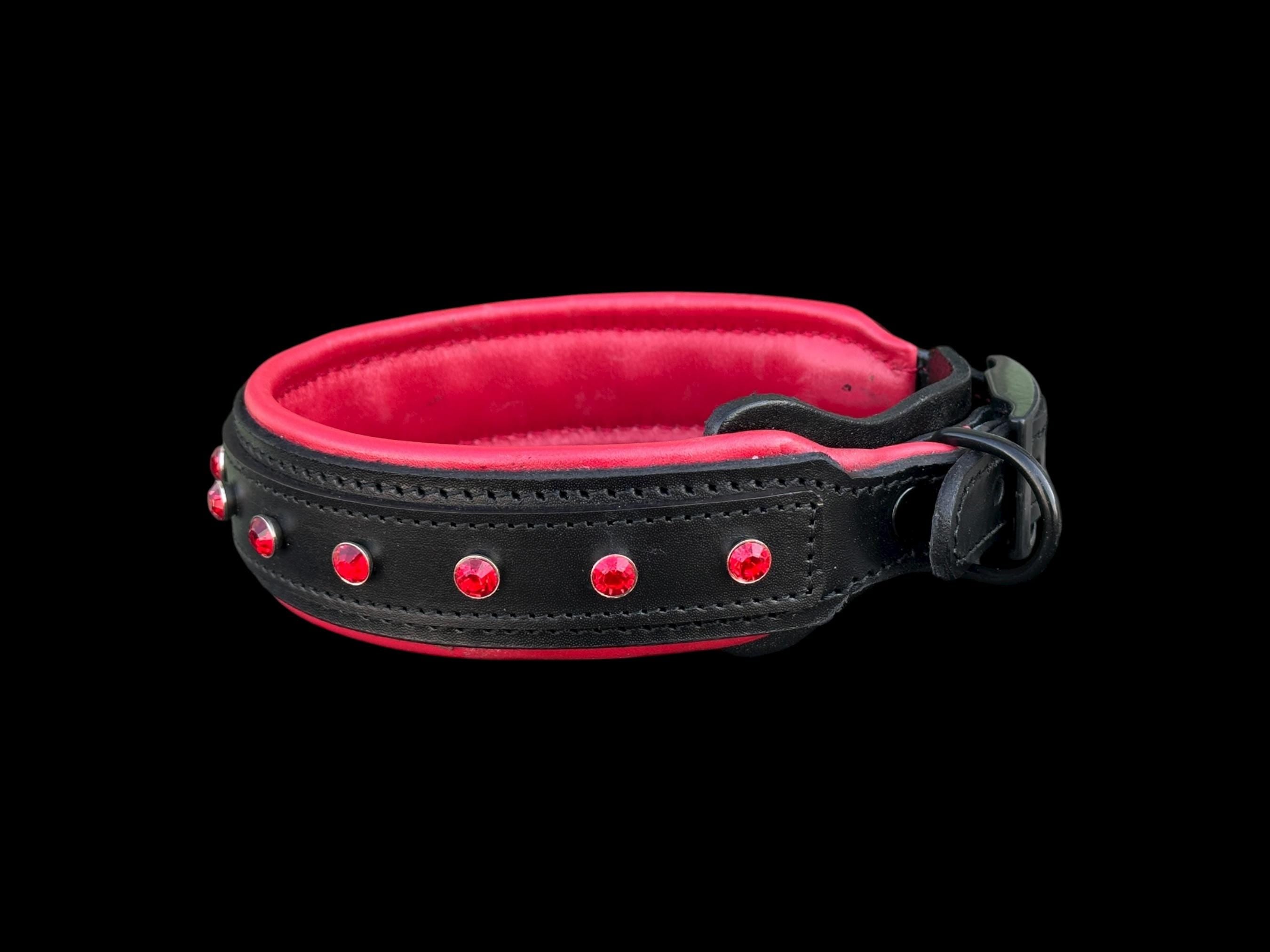 Black Leather Dog Collar: Red Crystals, Buffalo Leather, Heavy Duty