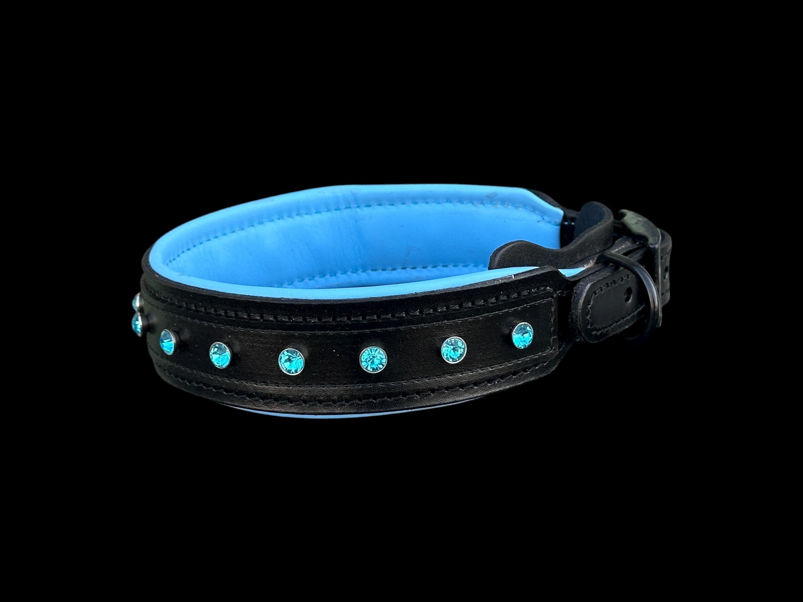 Black-Blue Crystal Wide Leather Dog Collar – Handmade Strong Breed Design
