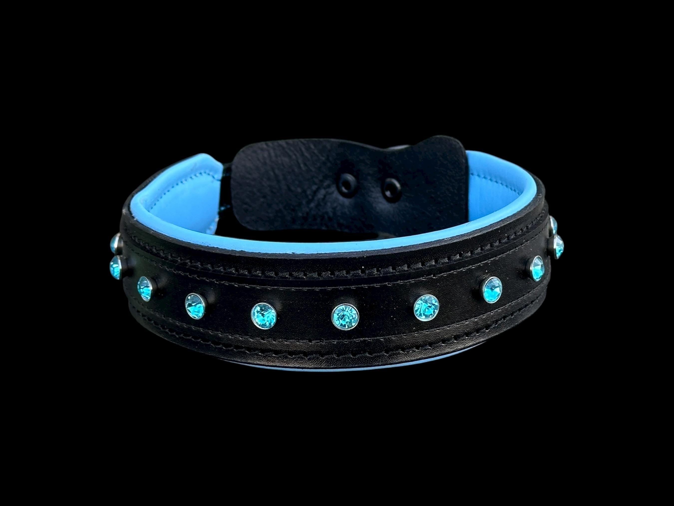 Black-Blue Crystal Wide Leather Dog Collar – Handmade Strong Breed Design