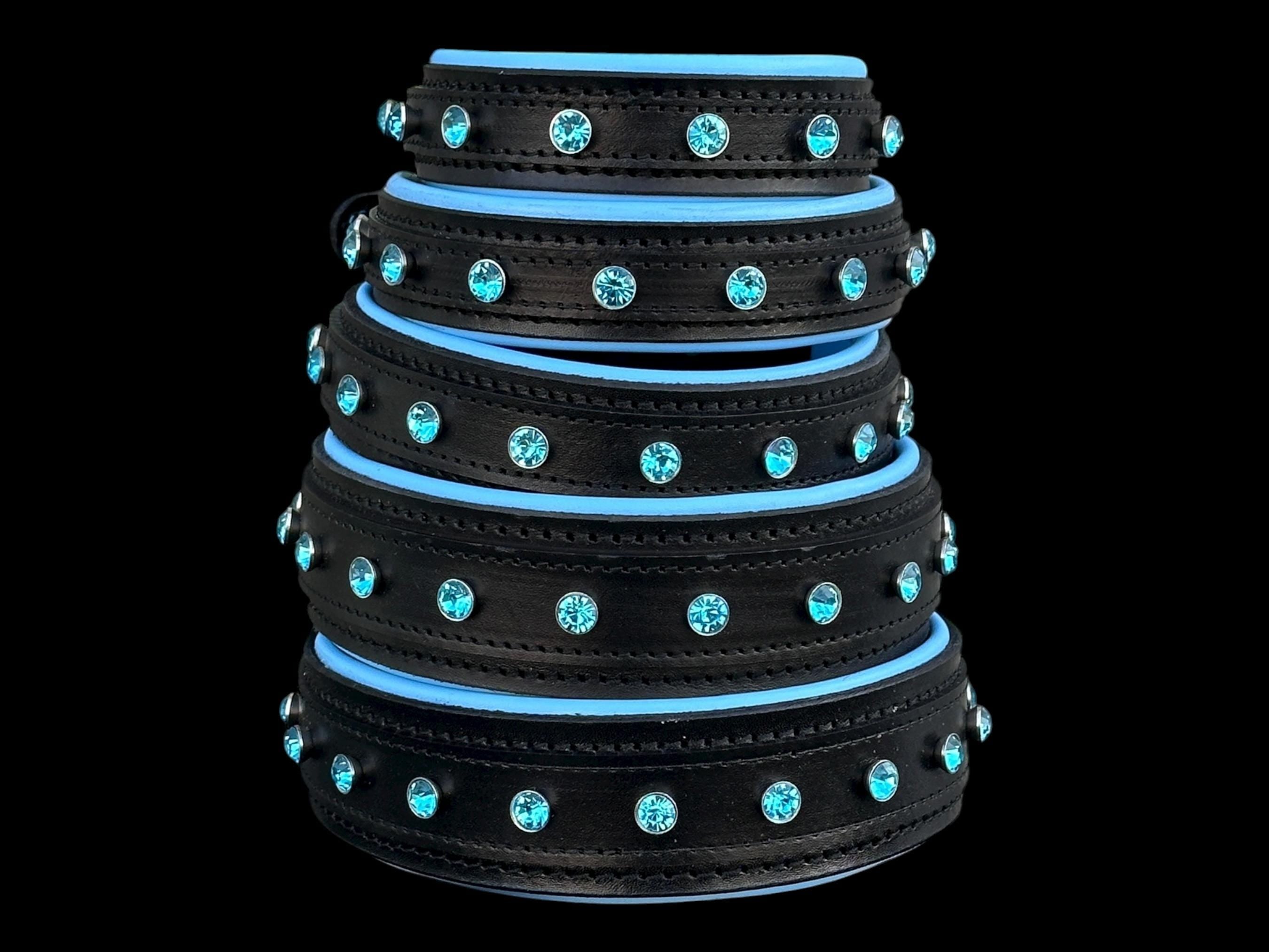 Black-Blue Crystal Wide Leather Dog Collar – Handmade Strong Breed Design