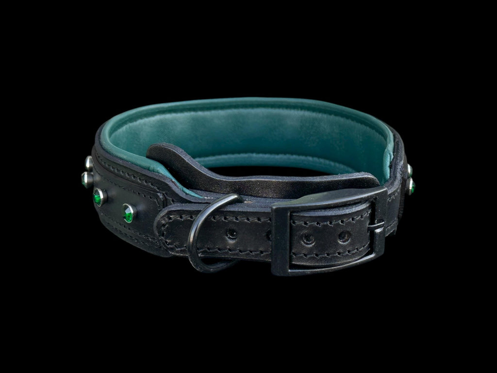 Black Buffalo Leather Dog Collar • Emerald Green Crystal Stones • Handmade