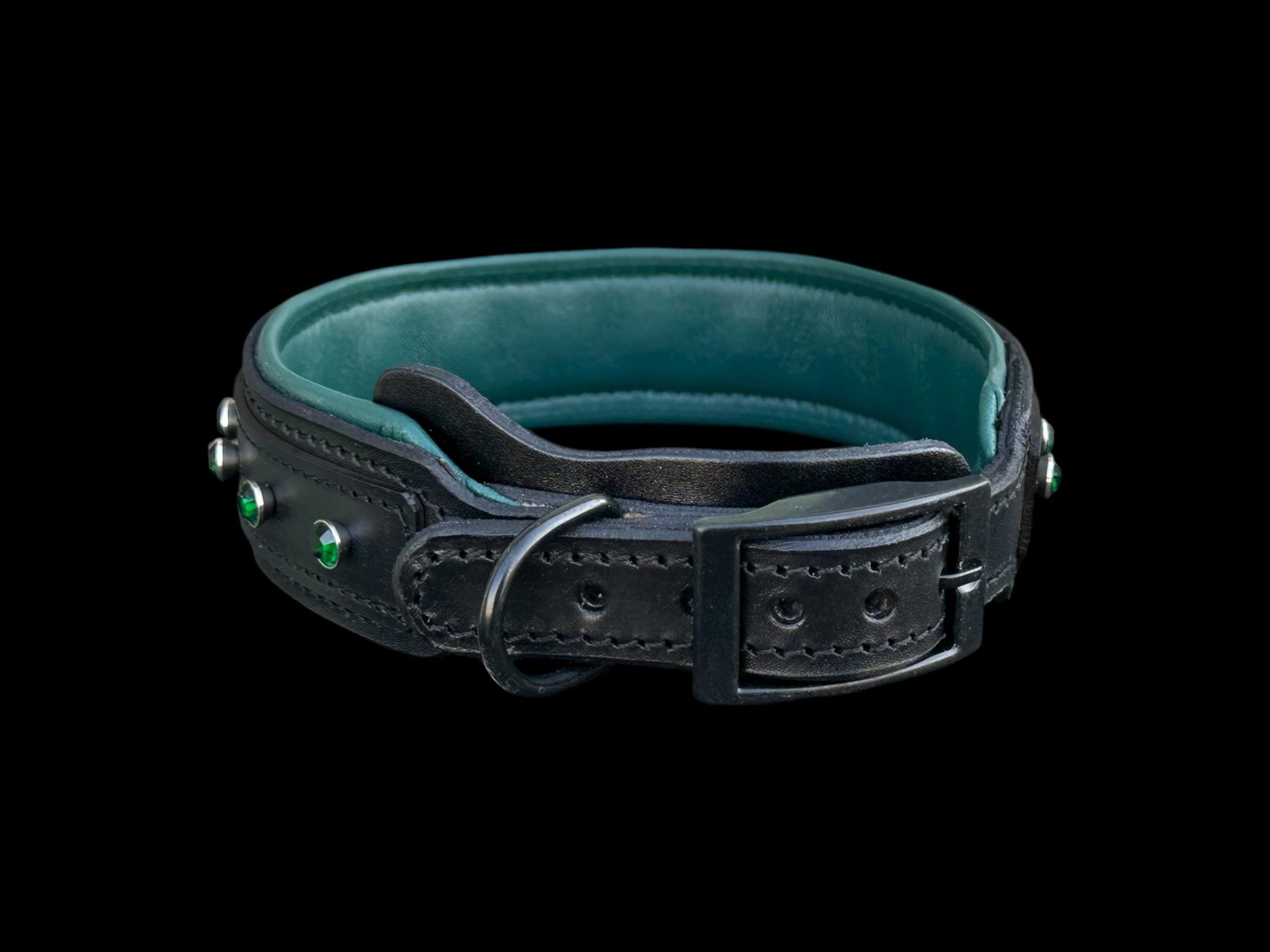 Black Buffalo Leather Dog Collar • Emerald Green Crystal Stones • Handmade