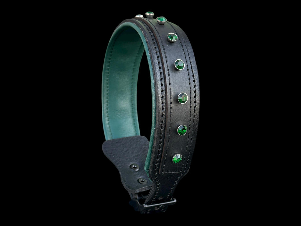 Black Buffalo Leather Dog Collar • Emerald Green Crystal Stones • Handmade