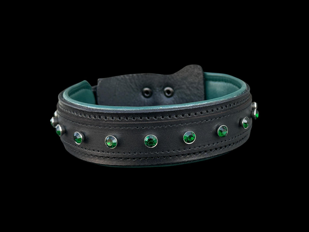 Black Buffalo Leather Dog Collar • Emerald Green Crystal Stones • Handmade