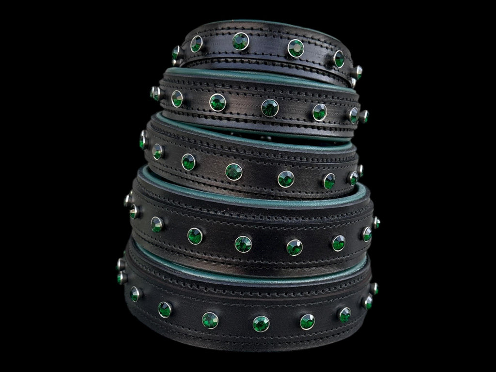 Black Buffalo Leather Dog Collar • Emerald Green Crystal Stones • Handmade
