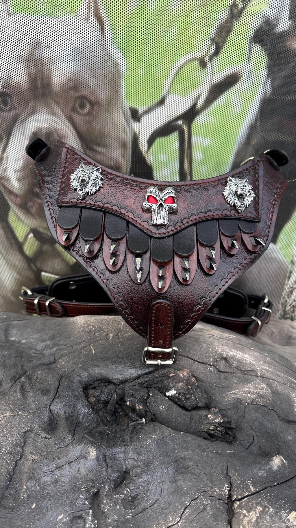 Punisher Emblem Leather Dog Harness – Handmade Warrior Chest Plate