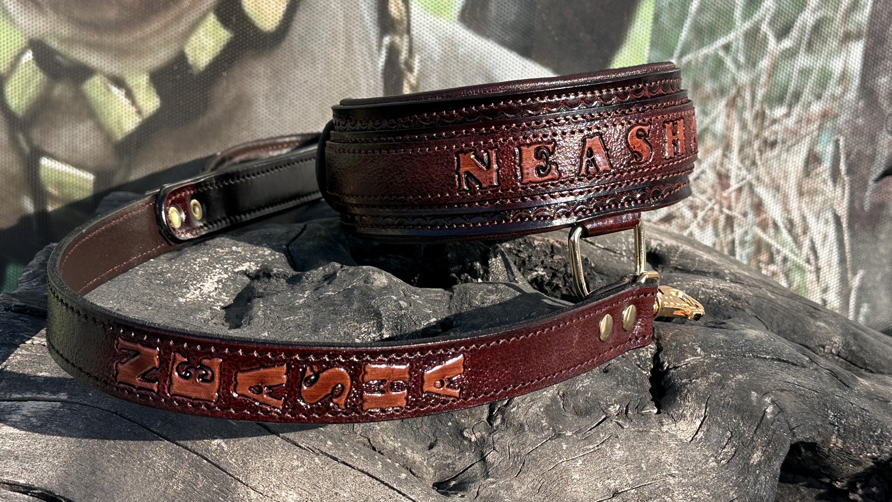 Handcrafted Leather Dog Collar & Leash Set – Custom Engraved Buffalo Leather