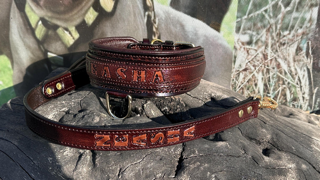Handcrafted Leather Dog Collar & Leash Set – Custom Engraved Buffalo Leather