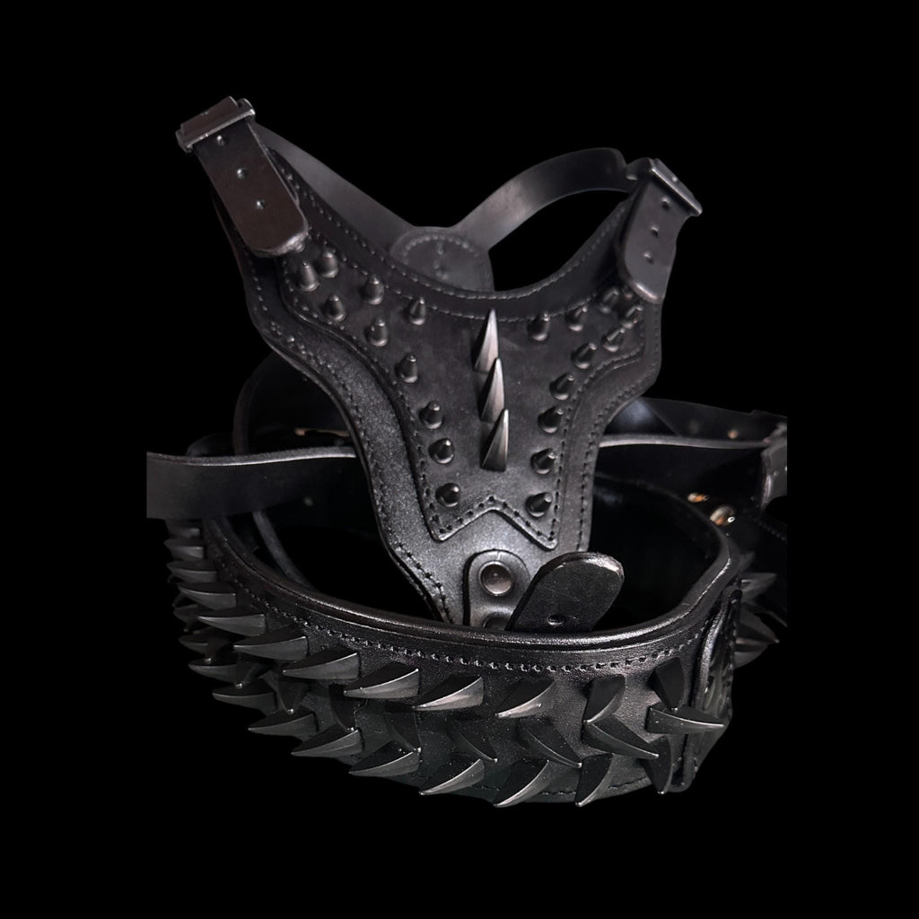 Black Spiked Leather Dog Harness Collar Leash Set | Heavy Duty, Bully Breed