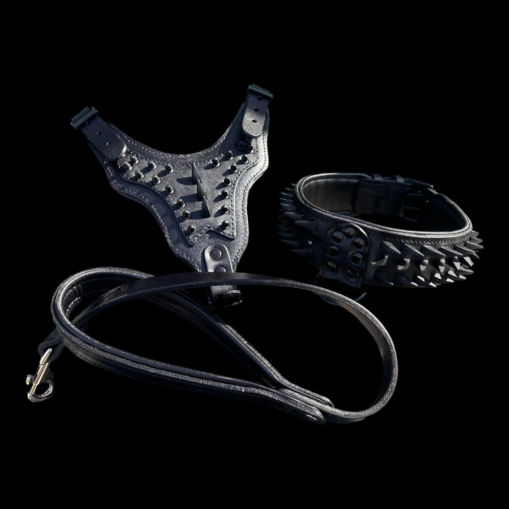 Black Spiked Leather Dog Harness Collar Leash Set | Heavy Duty, Bully Breed