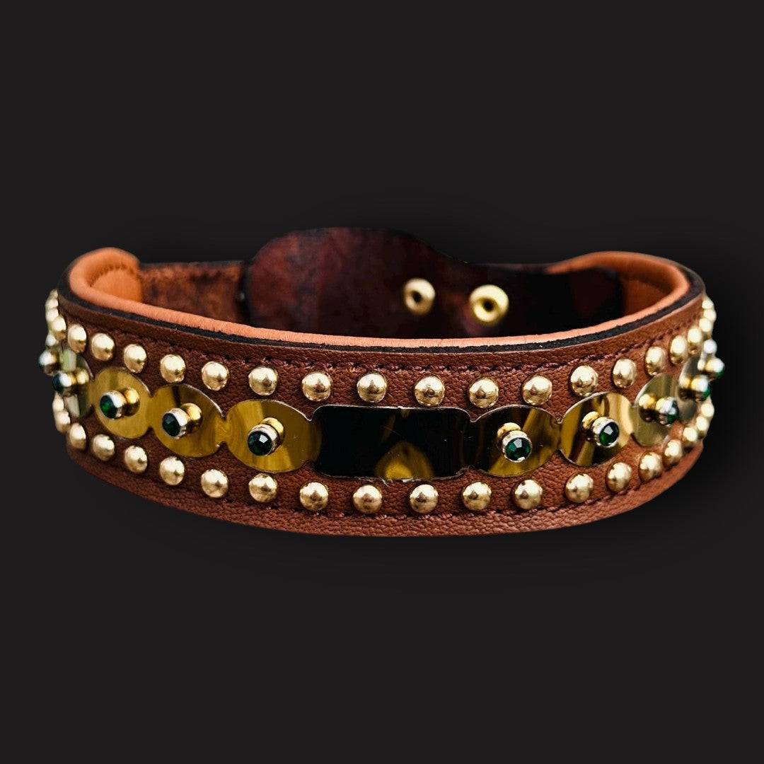 Handmade tan leather dog collar with gold plate, crystals, and custom laser-engraved name tag, by A&C Dog Collars.