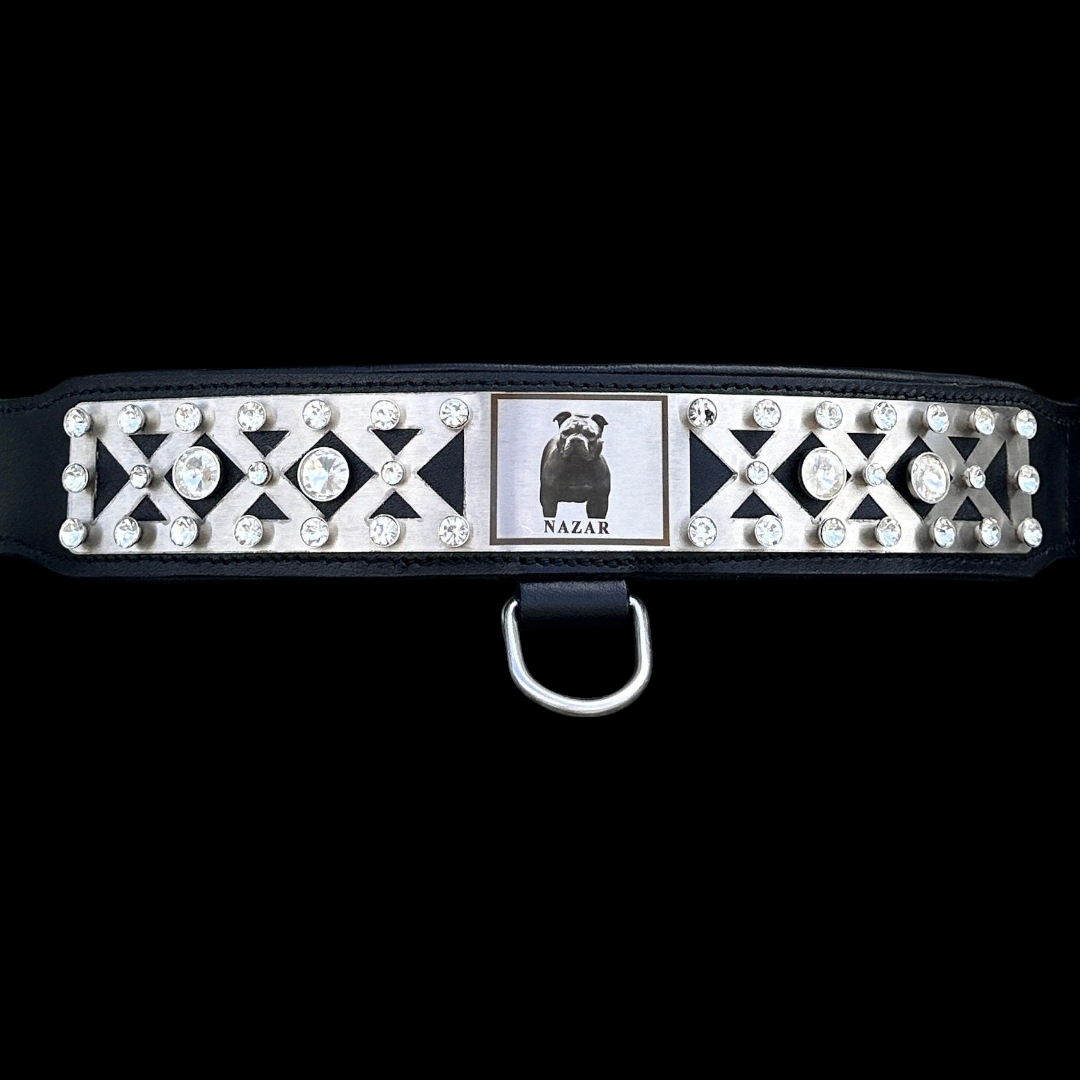A&C Dog Collars marka, kristal taşlı ve lazer kazımalı fotoğraflı, siyah manda derisi geniş köpek tasması.