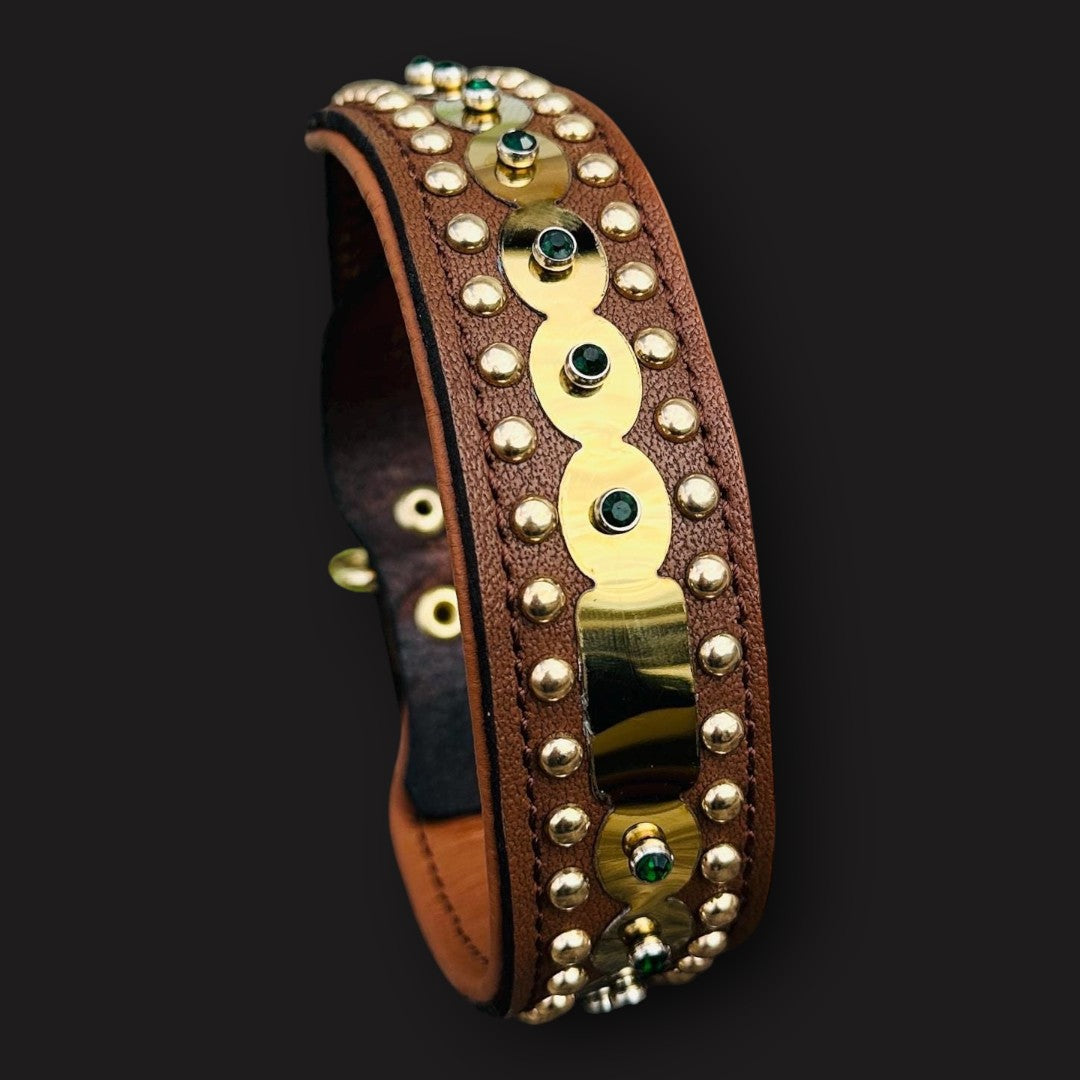 Handmade tan leather dog collar by A&C Dog Collars with gold plate, crystal accents, and custom laser-engraved name.