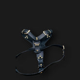 Handmade buffalo leather dog harness with Punisher copper plate and gold rivets, featuring durable A&C Dog Collars branding.
