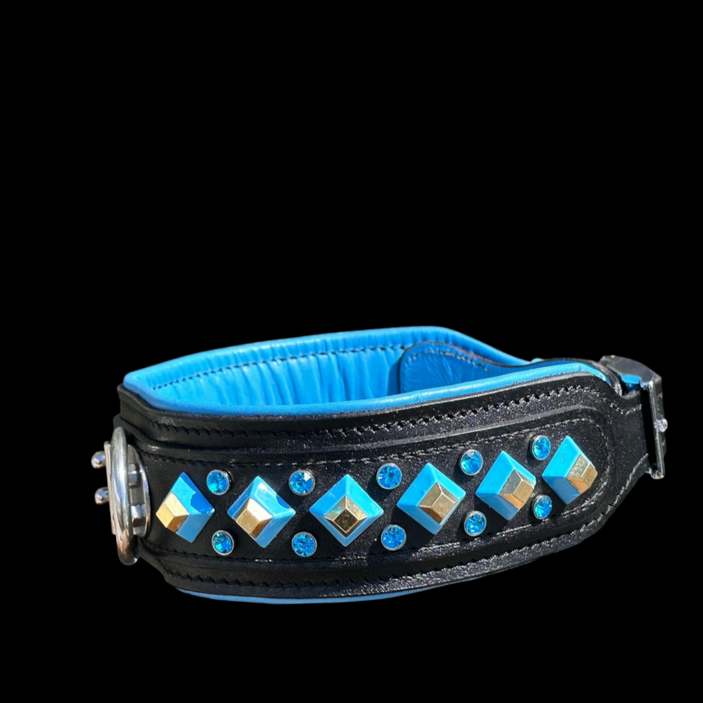 Blue crystal leather dog collar with personalized engraving, handmade by A&C Dog Collars, featuring decorative crystals and adjustable fit.