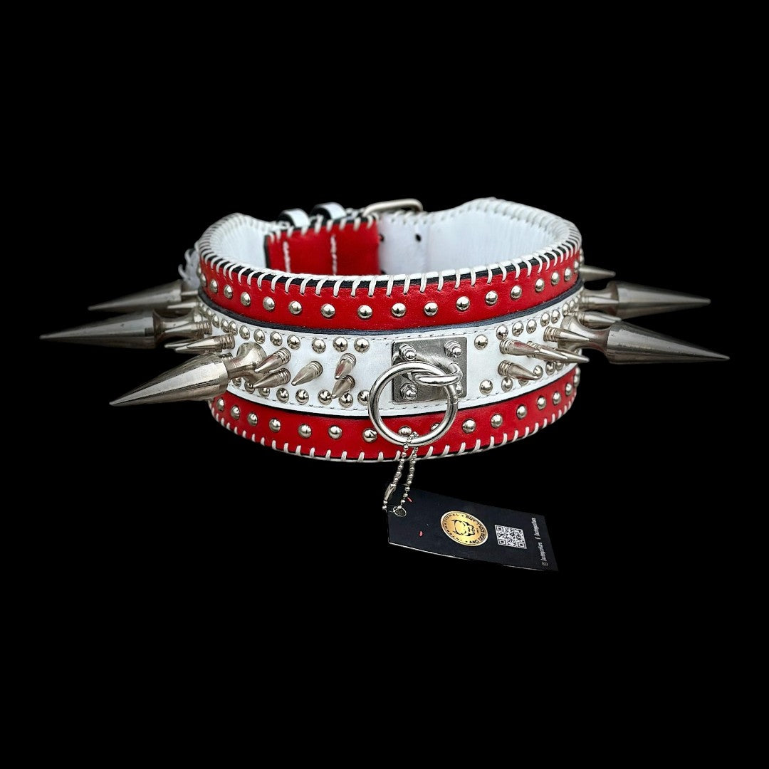 Handmade Buffalo leather spike dog collar by A&C Dog Collars, heavy-duty large breed thick dog collar with metal spikes.