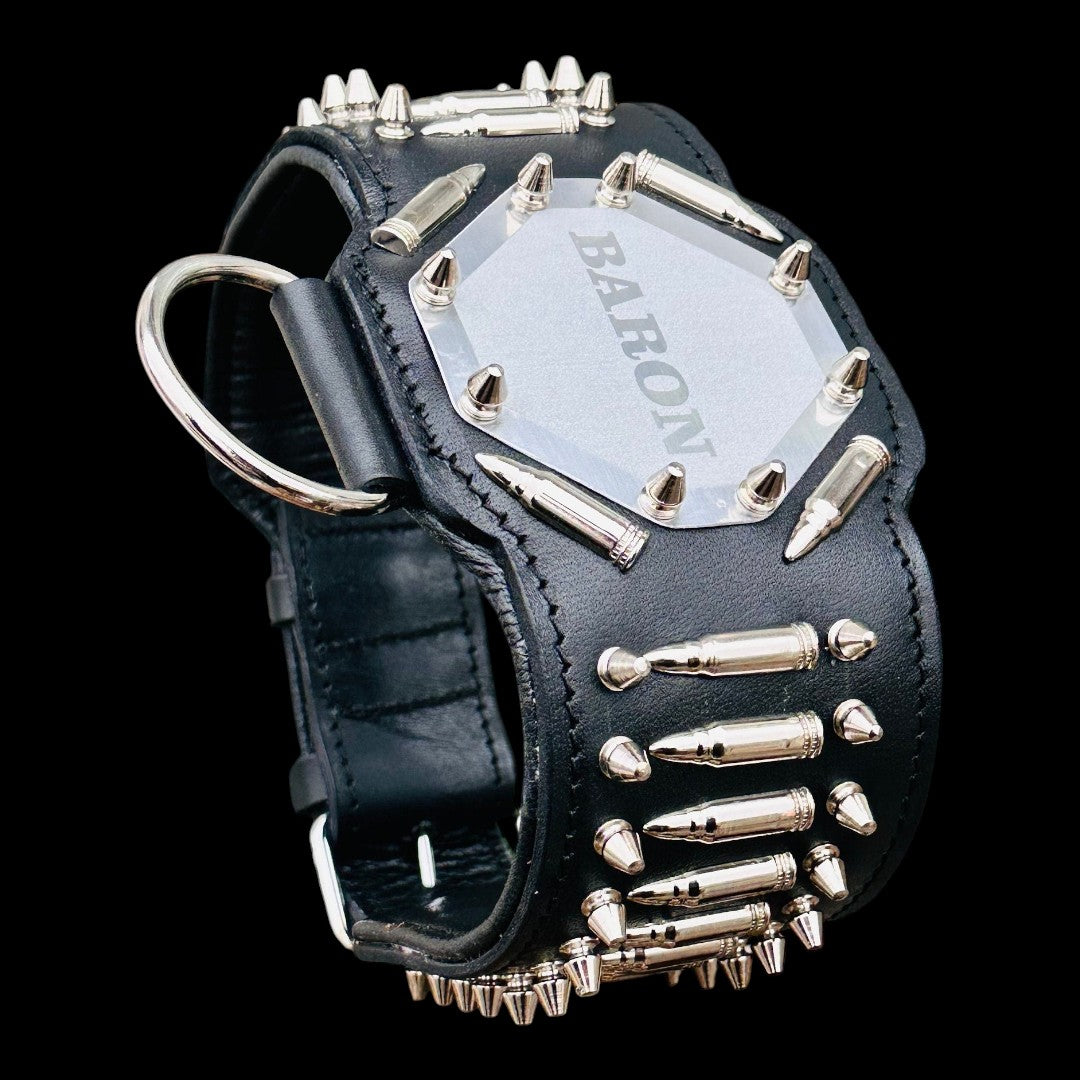 Handmade buffalo leather dog collar by A&C Dog Collars with personalized engraved name tag, showcasing detailed craftsmanship.