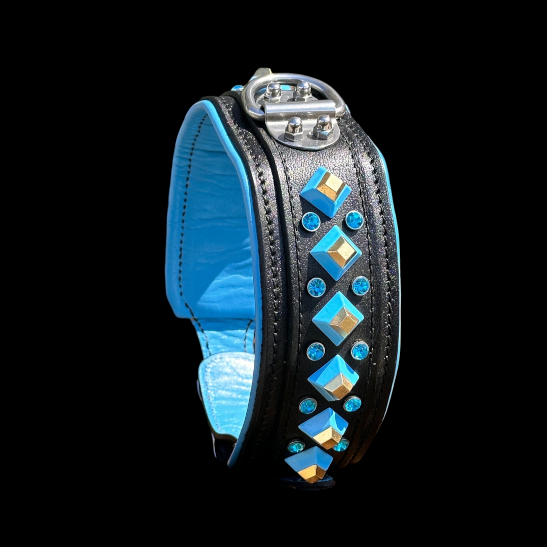 Blue crystal leather dog collar with personalized engraving, handmade by A&C Dog Collars, featuring a stylish and durable design.