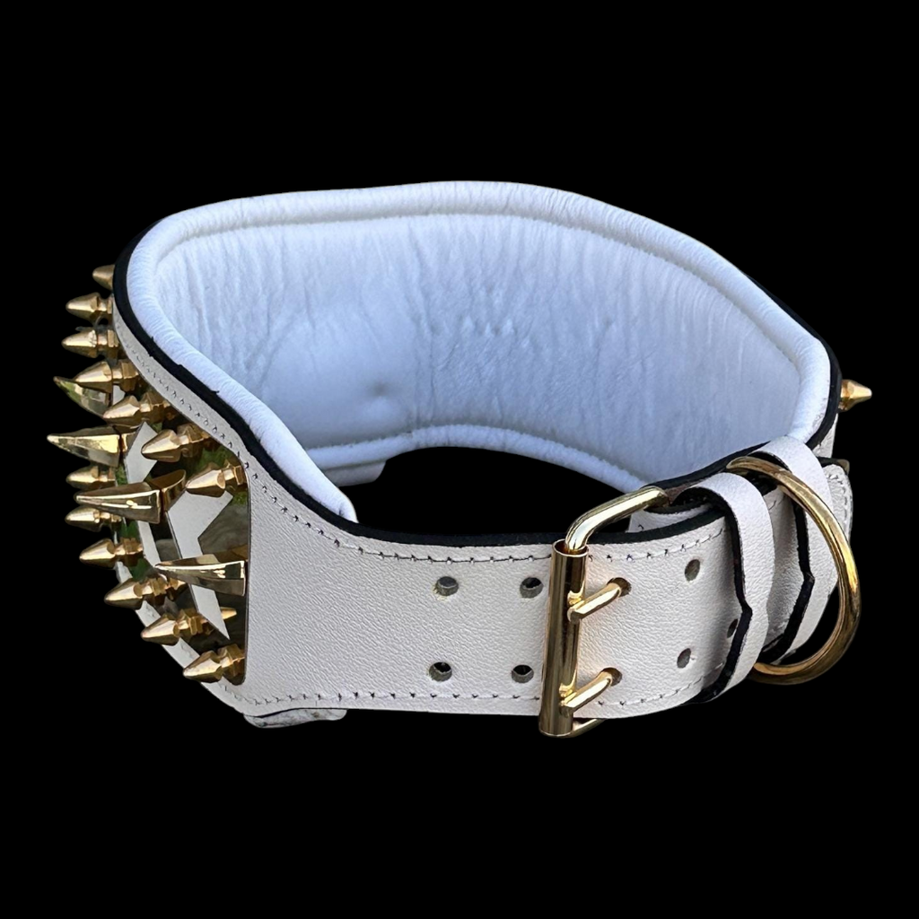White buffalo leather spiked dog collar with gold Punisher emblem, handmade luxury design, featuring metal spikes and adjustable buckle.