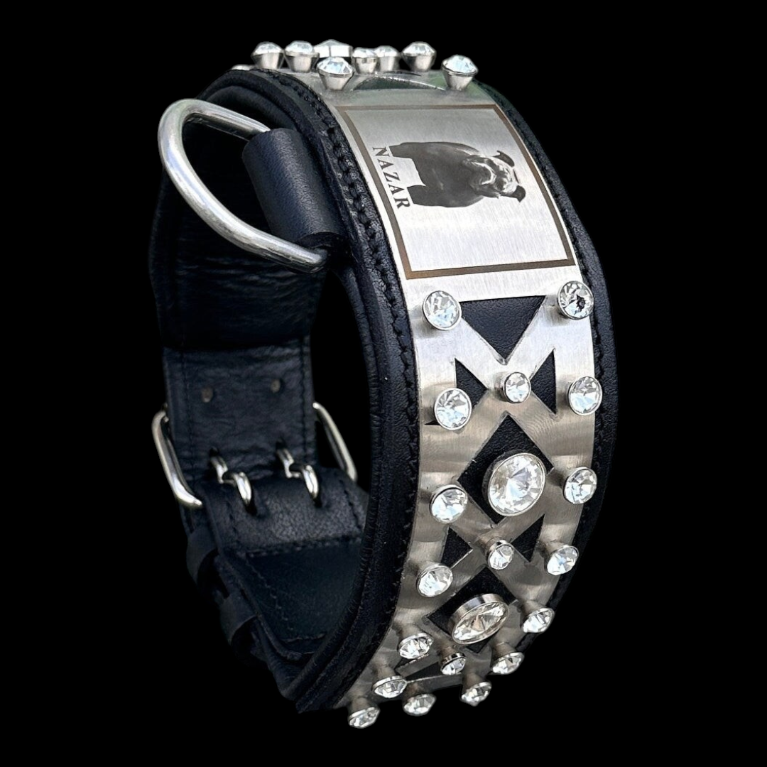 A&C Dog Collars marka, kristal taşlı ve lazer kazımalı fotoğraflı, siyah manda derisi geniş köpek tasması.