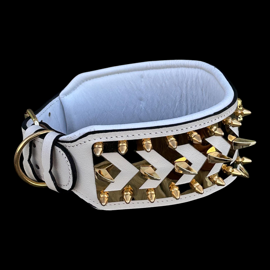 White buffalo leather dog collar with spikes and a gold Punisher emblem, handcrafted luxury pet accessory.