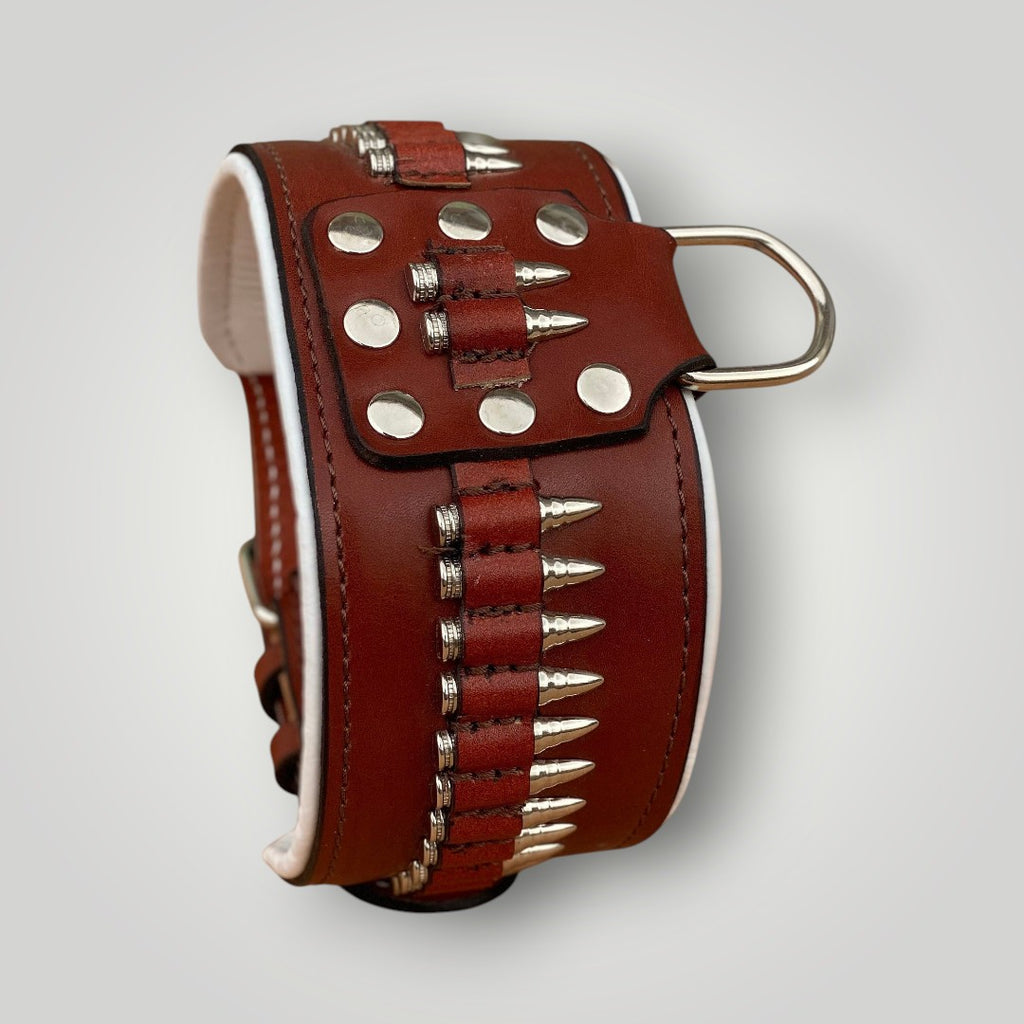 Handmade buffalo leather dog collar with personalized engraved name plate from A&C Dog Collars, featuring sturdy leather and polished hardware.