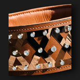 Handmade luxury leather dog collar with bronze steel accents and crystal details, crafted by A&C Dog Collars.