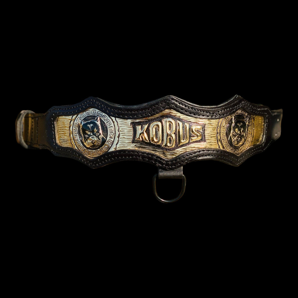 Custom leather dog collar with copper inlay, personalized name plate, and mythic design by A&C Dog Collars.