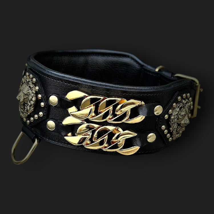 Handmade Wide Buffalo Leather Dog Collar: Gold Lion, Chain Detail - A&C Dog Collars
