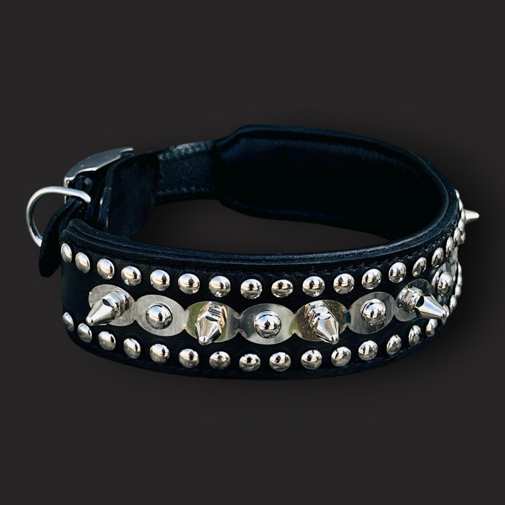 Handmade spiked leather dog collar with custom laser-engraved name for medium breeds, featuring metal spikes and adjustable strap.