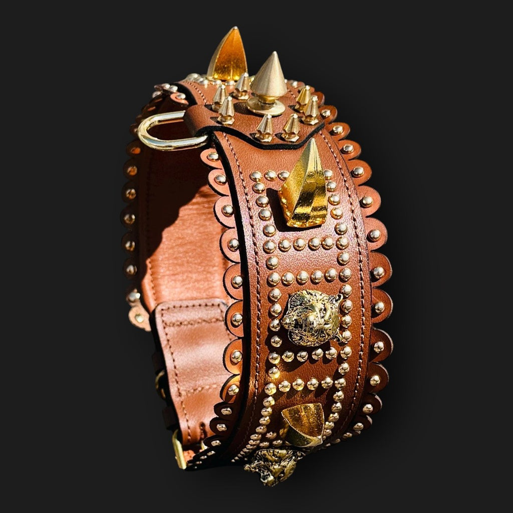 Handmade tan leather wide dog collar with Lion emblem from A&C Dog Collars, featuring sturdy design and stylish craftsmanship.