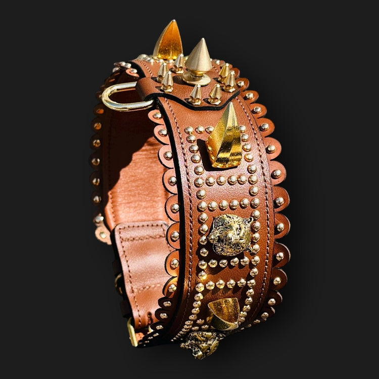 Handmade tan leather wide dog collar with Lion emblem from A&C Dog Collars, featuring sturdy design and stylish craftsmanship.