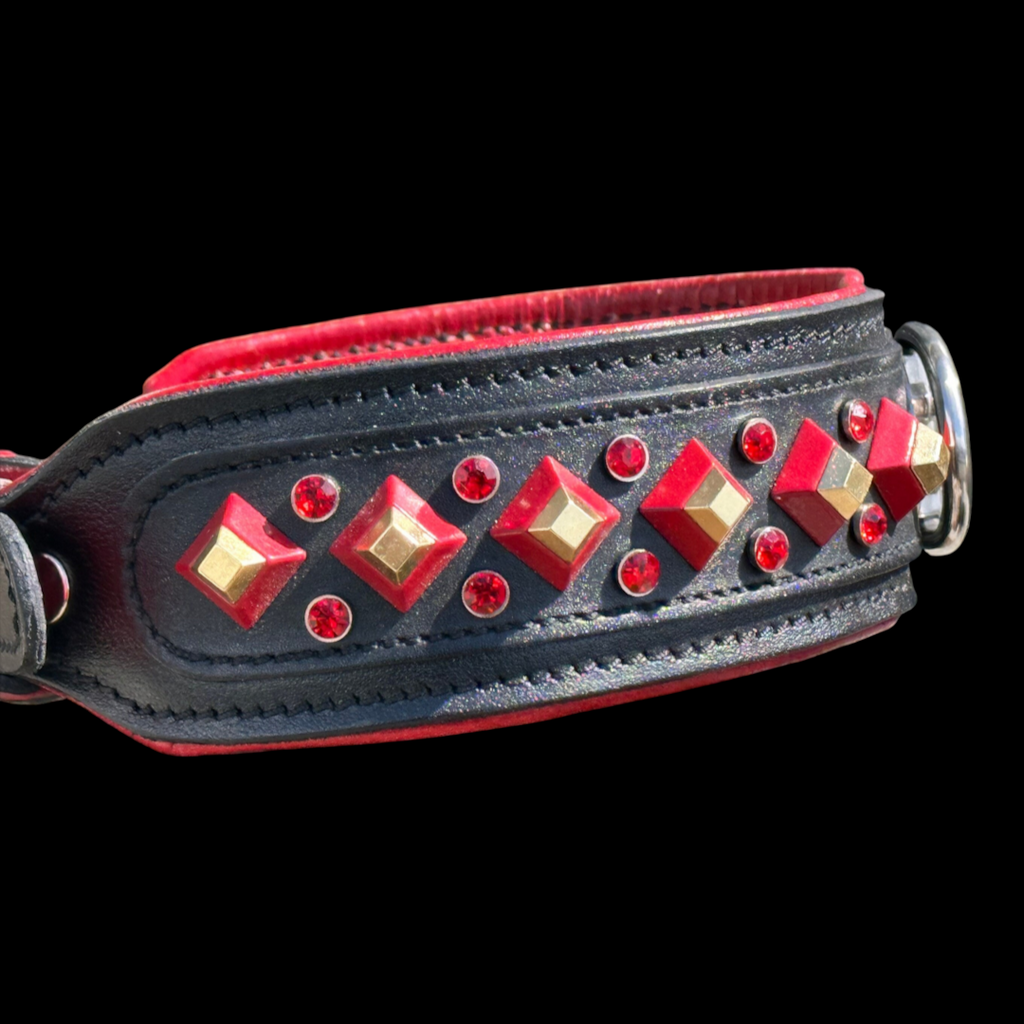 Handmade red buffalo leather dog collar with crystal stones for large breeds, featuring sturdy design and elegant detailing.