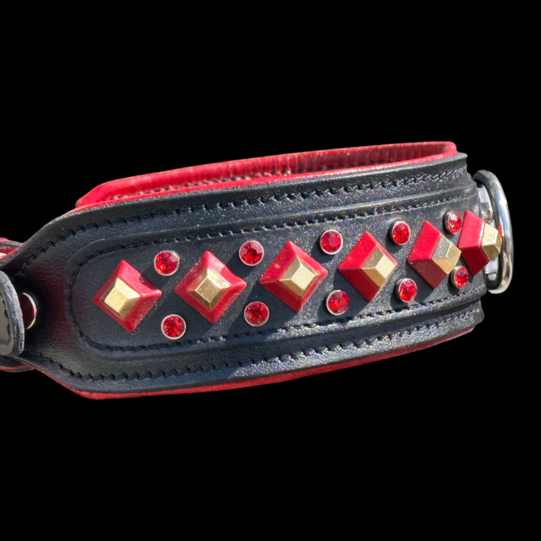 Handmade red buffalo leather dog collar with crystal stones for large breeds, featuring sturdy design and elegant detailing.