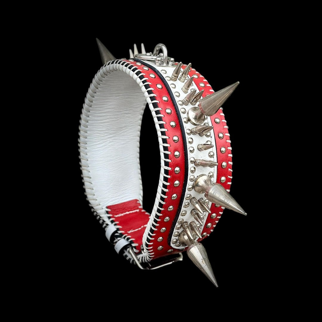 Handmade A&C Dog Collars buffalo leather spiked dog collar for large breeds, heavy-duty and thick, with metal spike details.