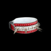 Handmade buffalo leather spiked dog collar by A&C Dog Collars, heavy-duty large breed thick dog collar with metal spikes.
