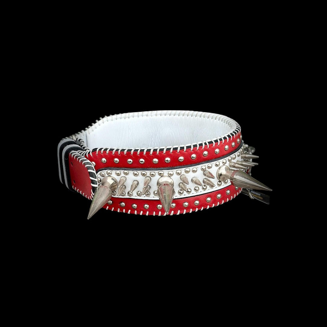 Handmade buffalo leather spiked dog collar by A&C Dog Collars, heavy-duty large breed thick dog collar with metal spikes.