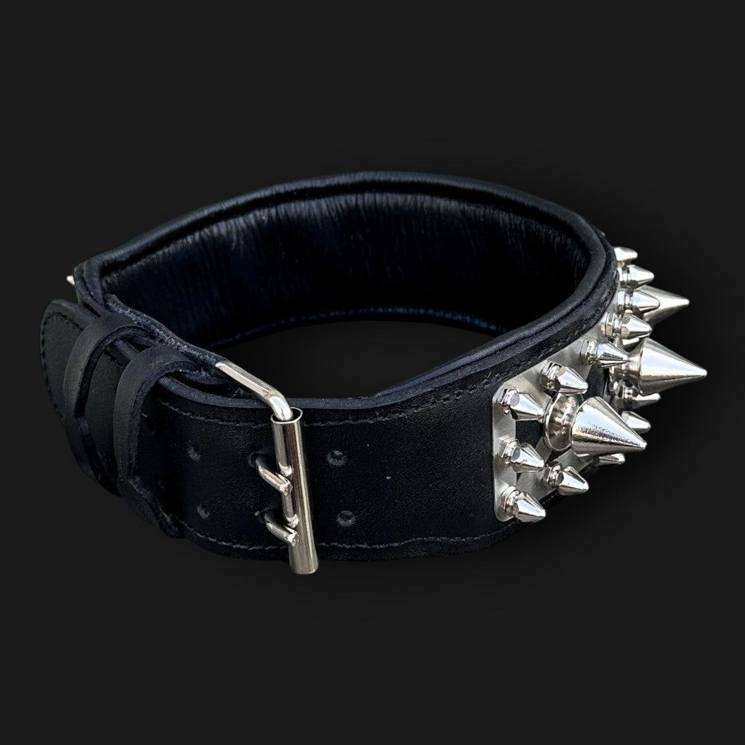 Handmade spiked leather dog collar with custom engraved name plate, durable and stylish accessory for dogs by A&C Dog Collars