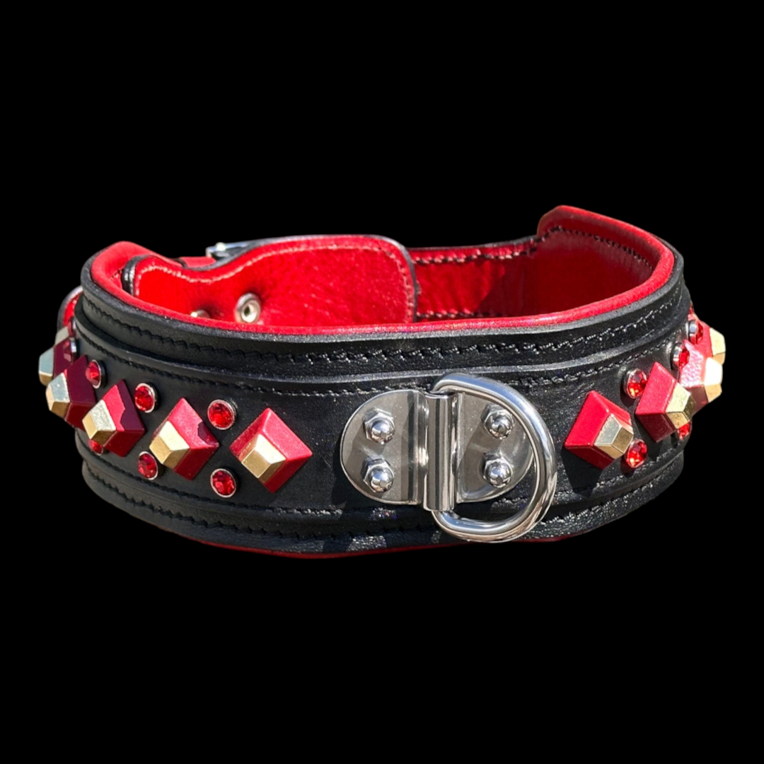 Handmade red buffalo leather dog collar with crystal stones for large breeds, crafted by A&C Dog Collars.