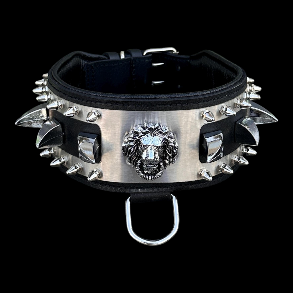 A&C Dog Collars el yapımı siyah deri köpek tasması, aslan figürlü paslanmaz çelik plaka ve metal çivili detaylar.