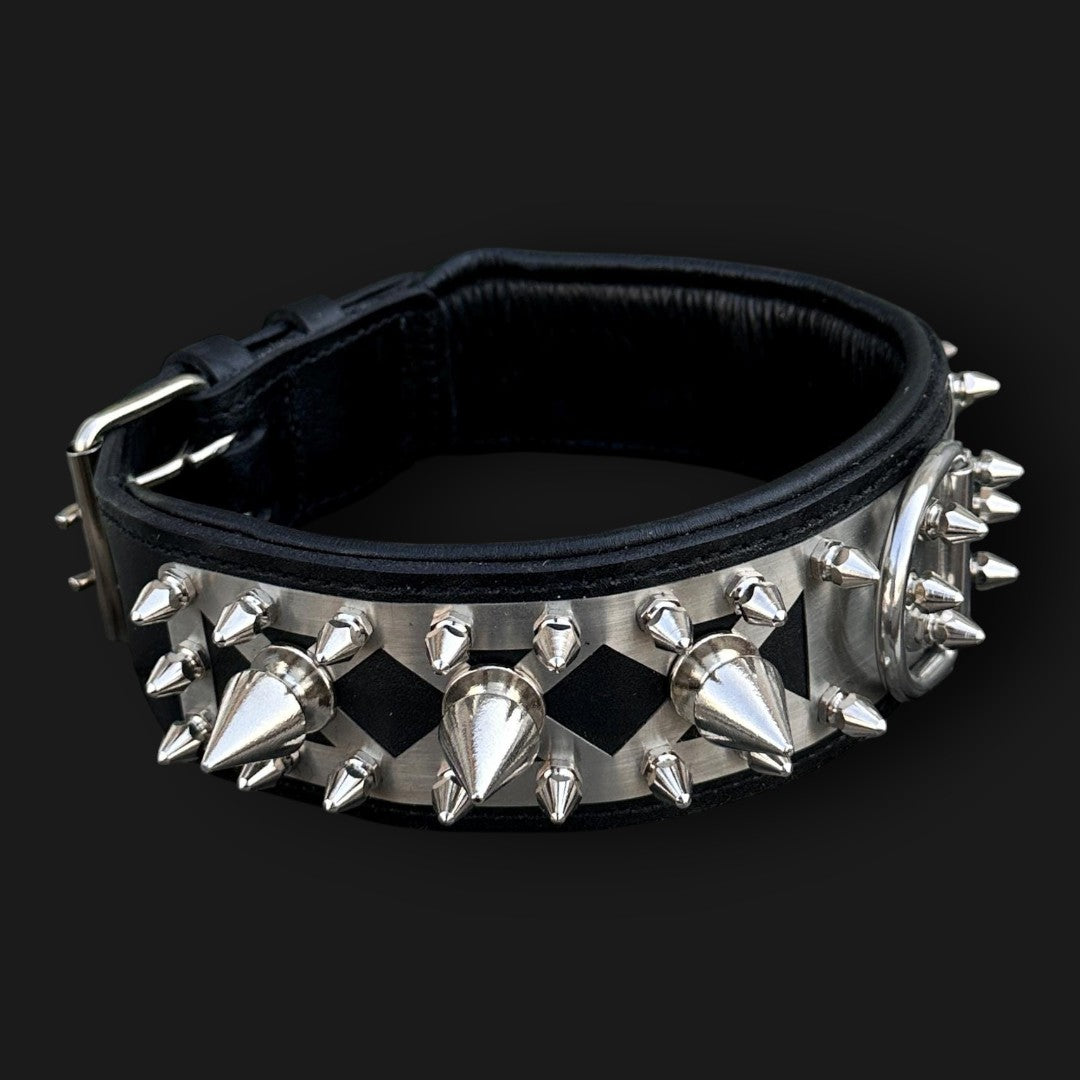 Handmade spiked leather dog collar with custom engraved name plate from A&C Dog Collars, showing detailed spikes and engraved plate.