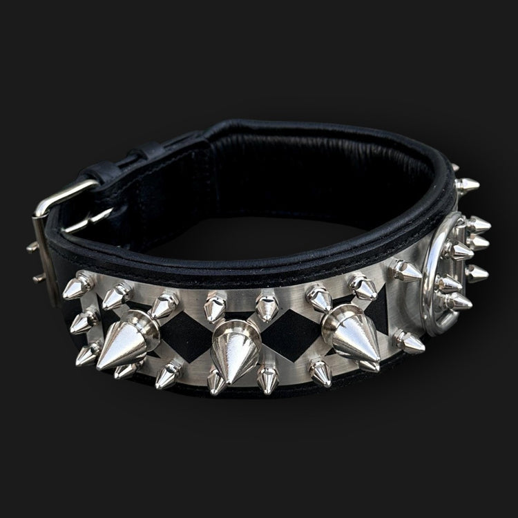 Handmade spiked leather dog collar with custom engraved name plate from A&C Dog Collars, showing detailed spikes and engraved plate.