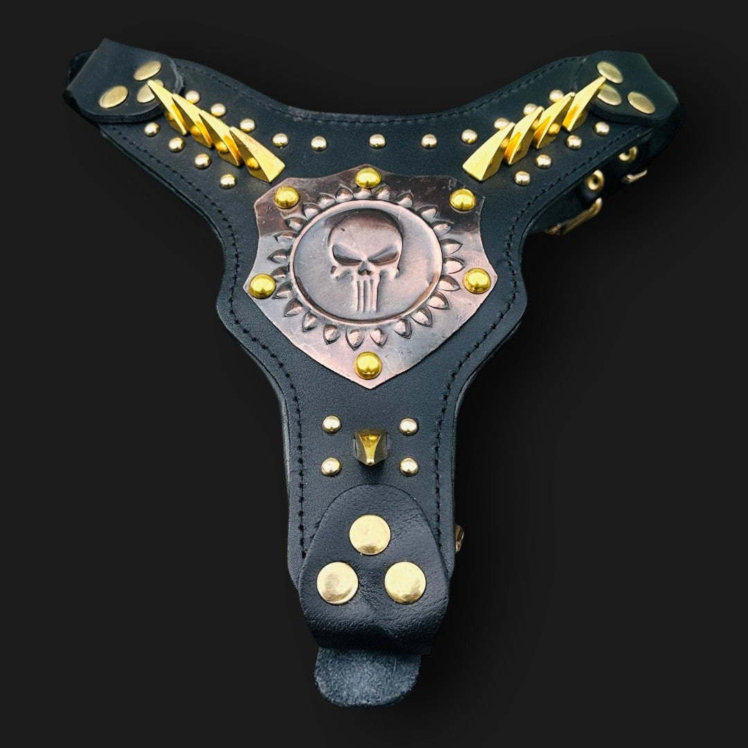 Handmade buffalo leather dog harness with Punisher copper plate and gold rivets, crafted by A&C Dog Collars.